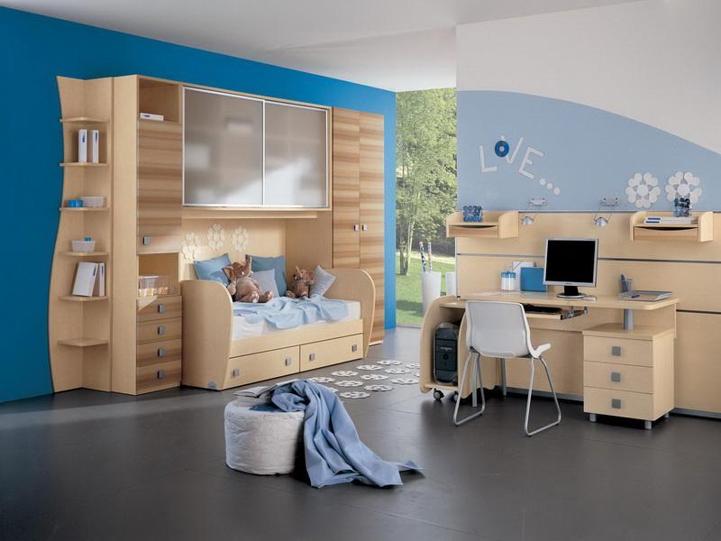 Choosing the Furniture for Children's Room: Arrangement for Boy, for Girl. Light wooden furniture and blue painted walls