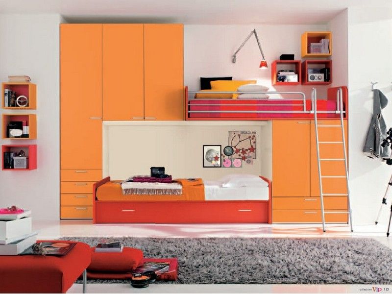 Choosing the Furniture for Children's Room: Arrangement for Boy, for Girl. Orange furniture set with storage systems, cabinet and built-in sleeper