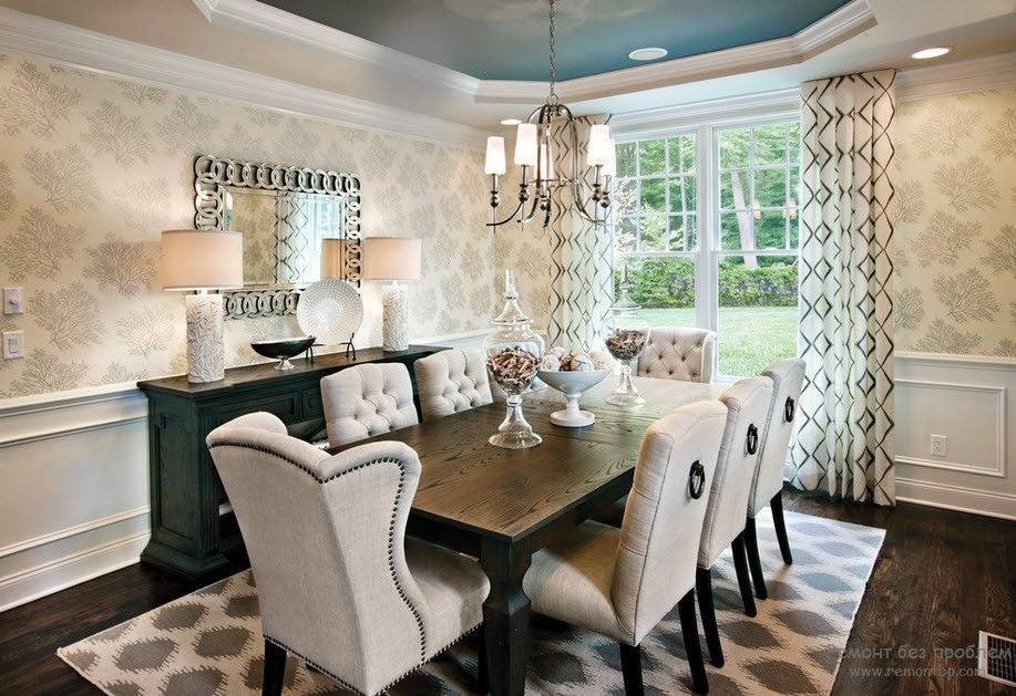 Dining Zone: Description, Arranging, Decoration Tips. Pastel colored Classic room with upholstered furniture