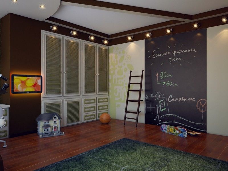 Choosing the Furniture for Children's Room: Arrangement for Boy, for Girl. Interior of the modern designed room with chalkboard