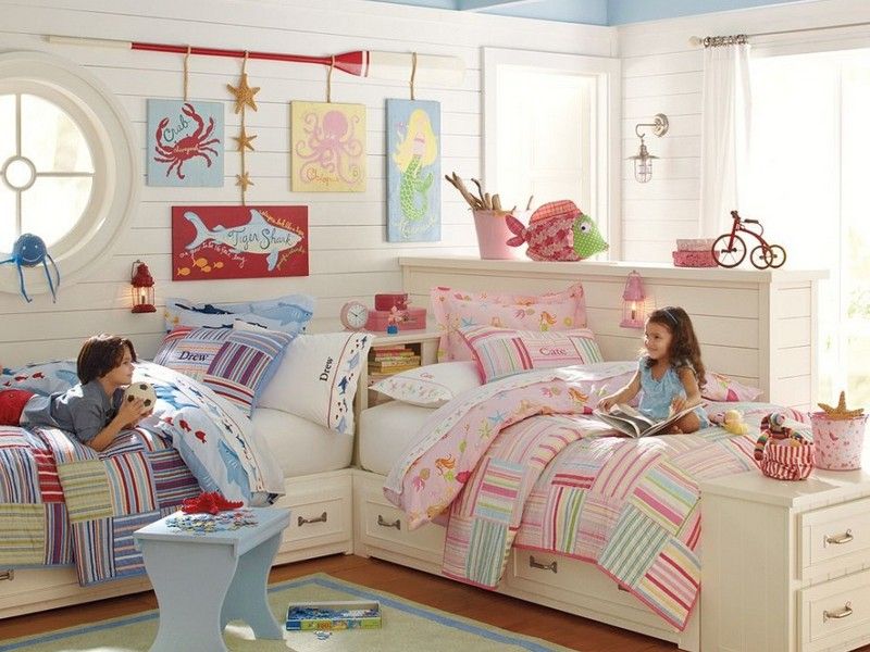 Neat and cozy light colored children's room for two kids