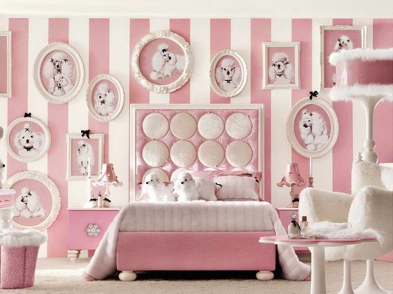 Choosing the Furniture for Children's Room: Arrangement for Boy, for Girl. Pink stripes for wholly girlish designed room