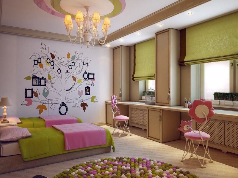 Choosing the Furniture for Children's Room: Arrangement for Boy, for Girl. Green and pink design of the room with roller blinds