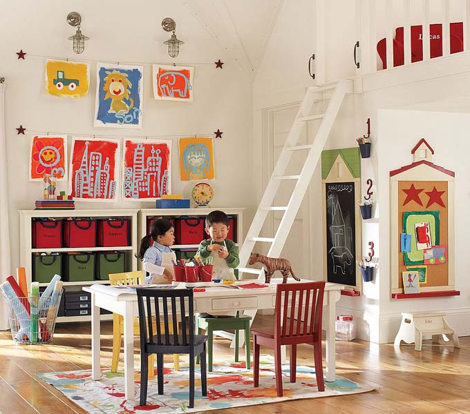 White interior of the children's room with colorful pictures