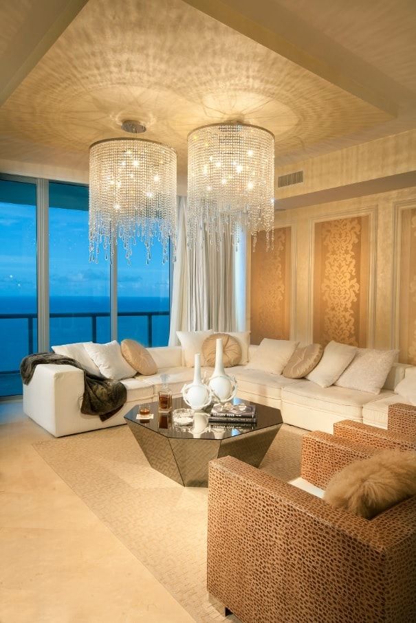 Nice designed drawing room in the seaside apartment with panoramic window and balcony