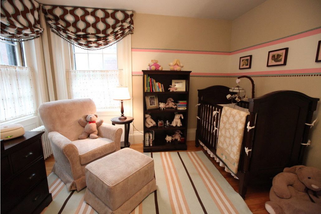 Colorful stripes on the walls and carpet of the living room with relaxing chair