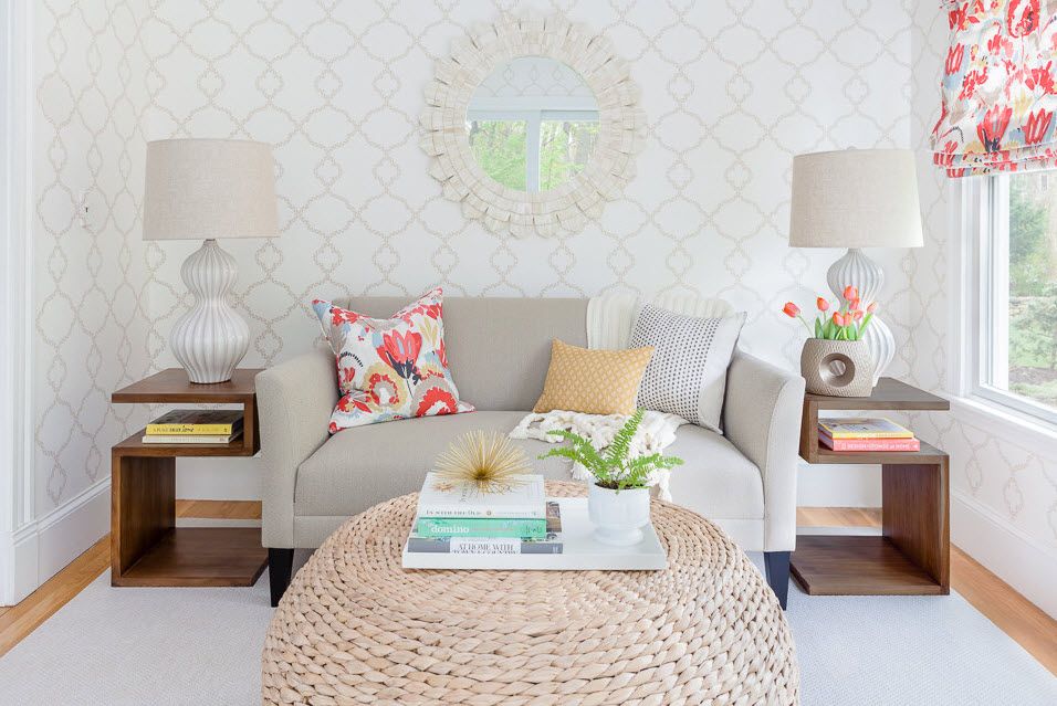 Royal classic pattern on the walls of small living room with decorative mirror