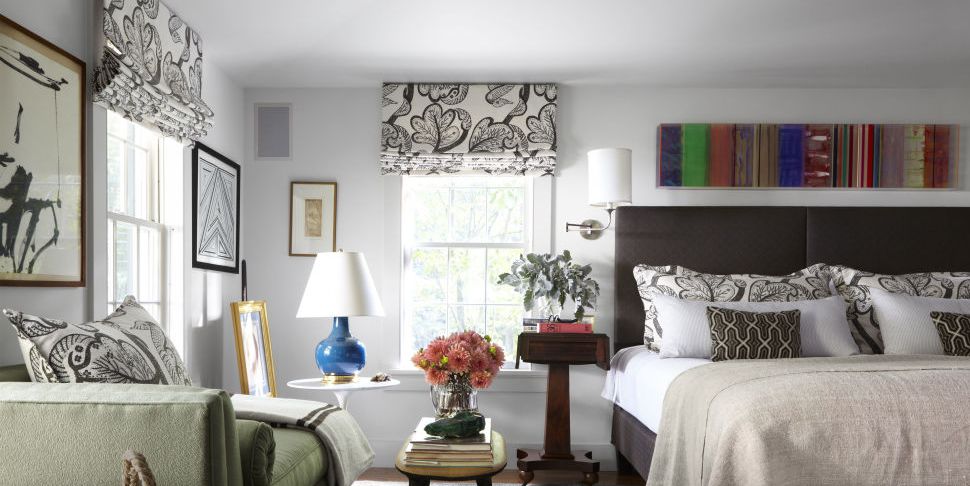 Bedroom Curtains: Full Guide on How to Decorate the Windows. White with dark pattern roller bilnds