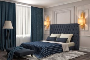 Bedroom Curtains: Full Guide on How to Decorate the Windows. Dark blue quilted headboard wainscotting on the walls