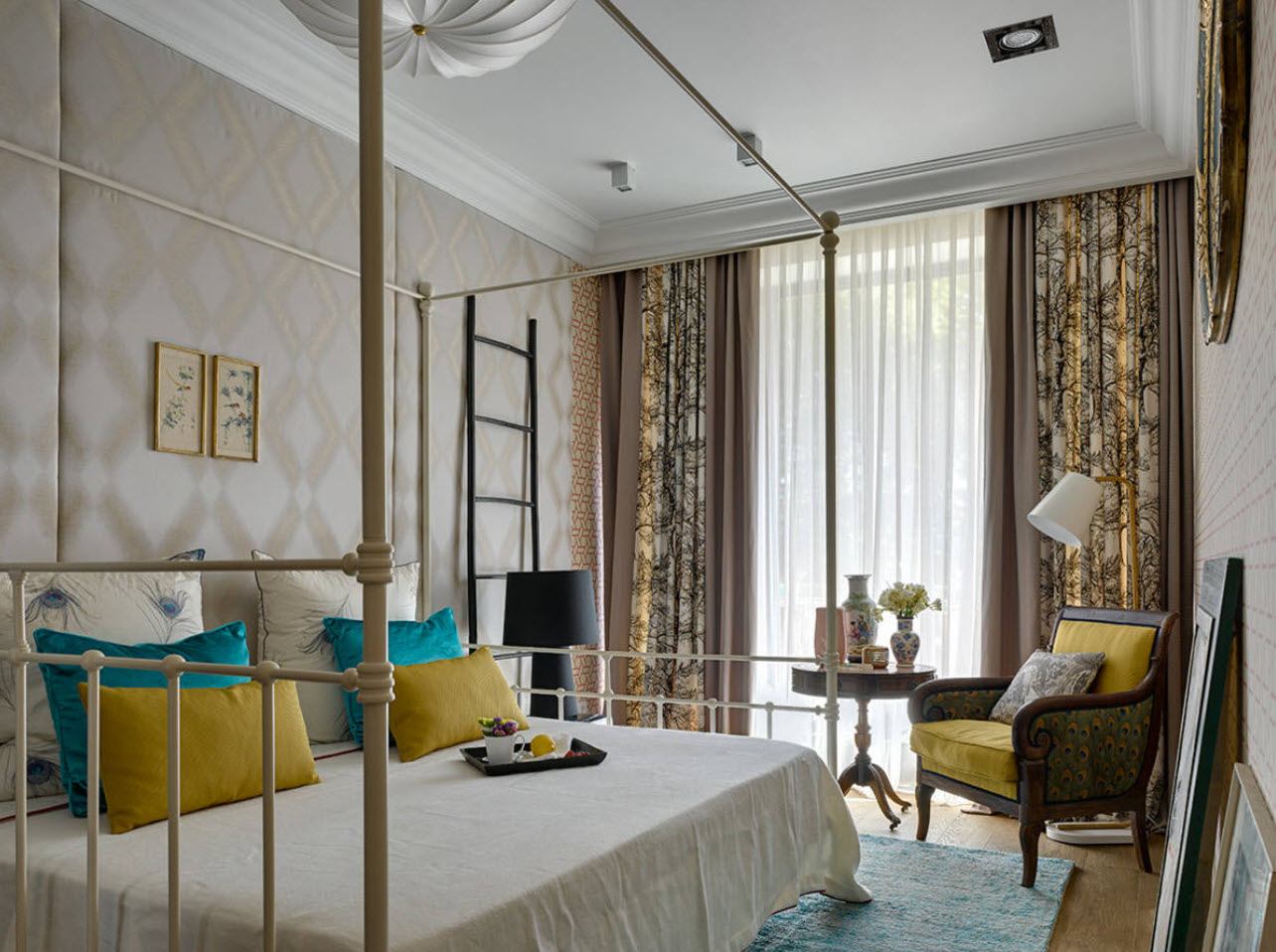 Bedroom Curtains: Full Guide on How to Decorate the Windows. Yellow pillows and canopy bed for large space