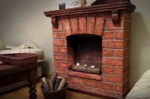 Brickwork imitating fireplace with mantelshelf