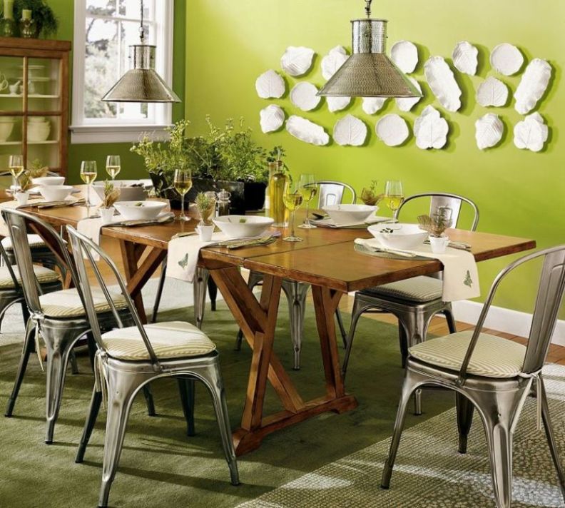 Green designed walls with white stones at the kitchen with large dining zone