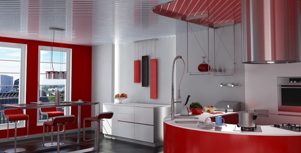 Red kitchen furniture set and white walls to present modern interior