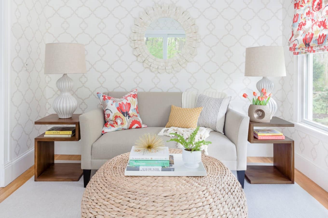 How to Make the Most Out of a Small Living Room. Apparent English country style in gray wallpaper with pattern and round mirror