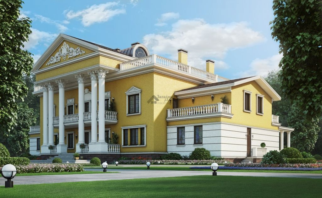 Colonial House Plans and Exteriors: Original Mix of Styles. Side view of the 3D planned house with yellow facade