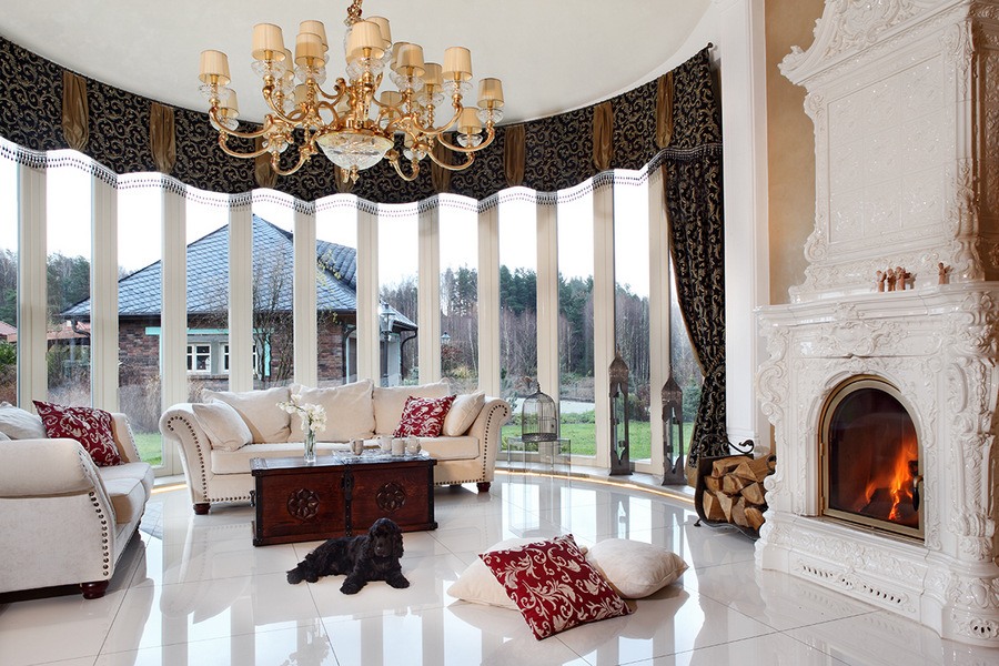 Private House Interior in Different Styles. Grandeur bay window with white color palette and dark curtains