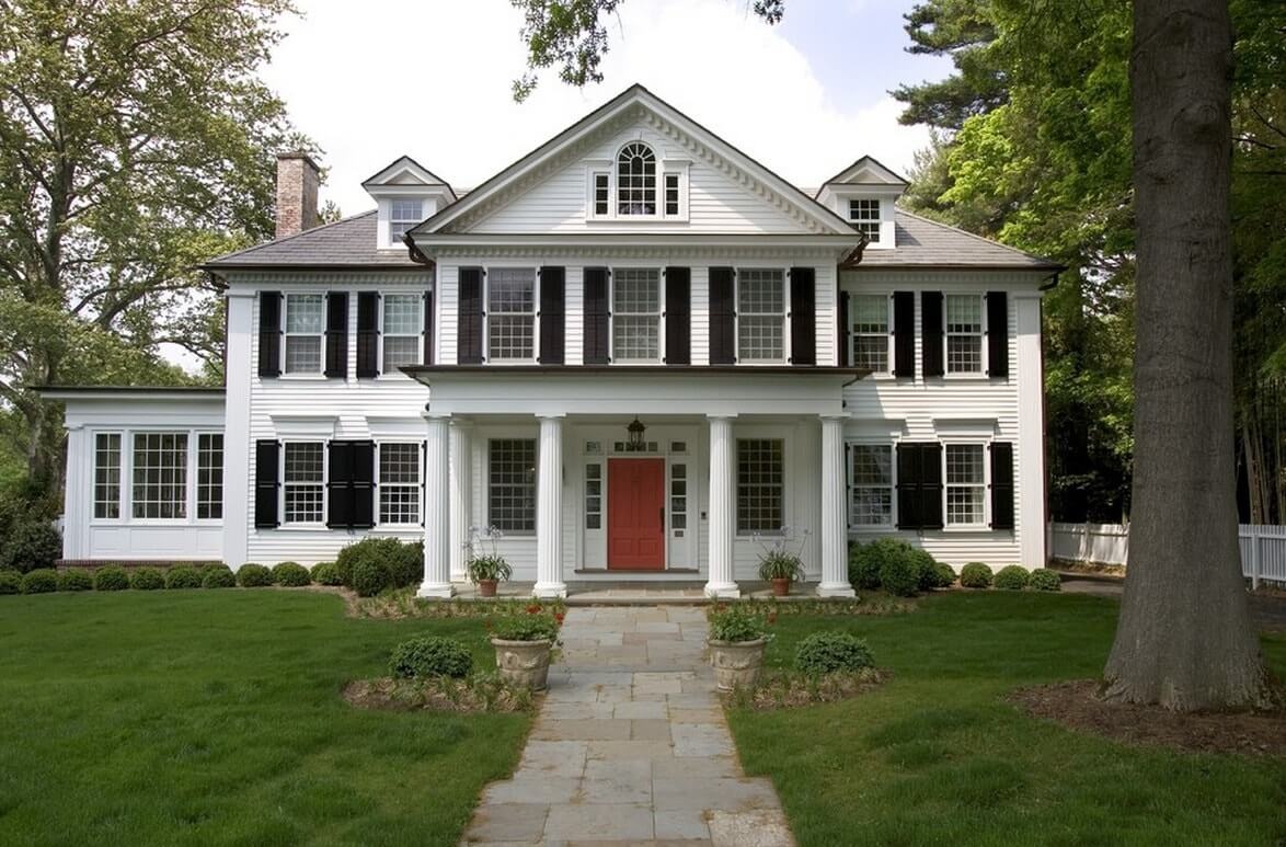 Colonial House Plans and Exteriors: Original Mix of Styles. American colonial architecture in the form of house with white facades and columns