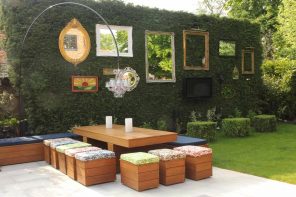 How to Use Outdoor Space Effectively. Rest zone decorated with live green wall and mirrors