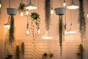 How To Make a Room Feel Bigger with Clever Lighting. Lamps on cords and plants in suspended pots