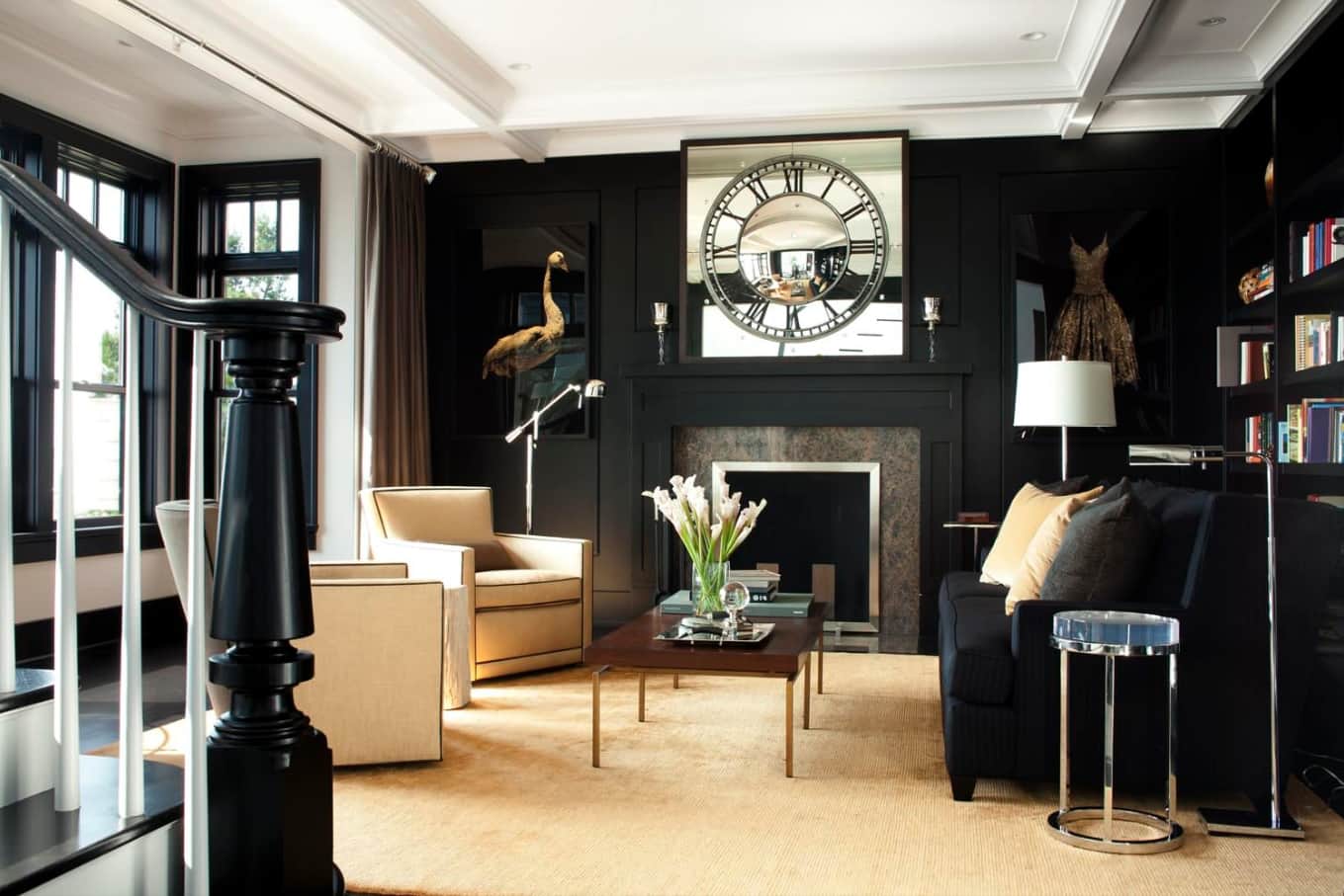 Black Interior Design Ideas and Tips to Make Your Interior. Light floor foe contrasting but inviting living room with artificial fireplace and large clock