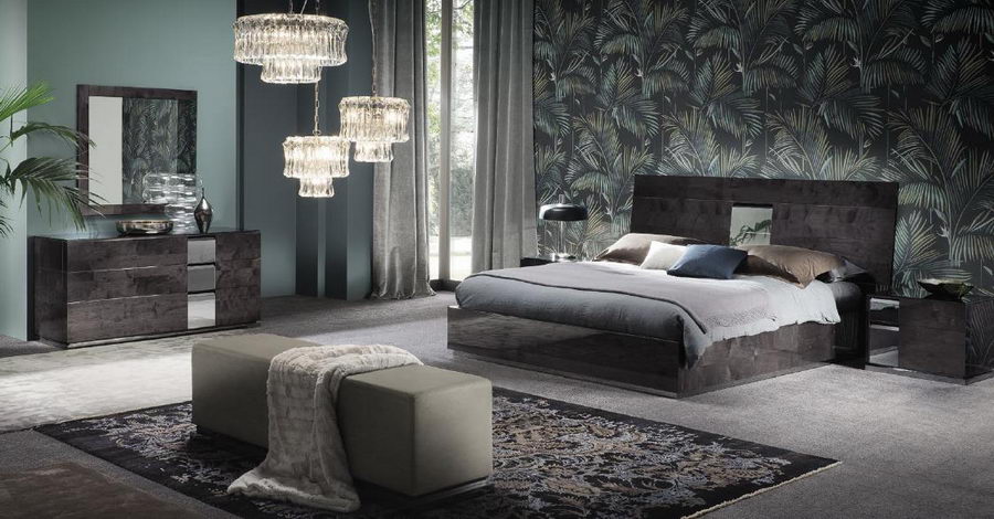 Unusual noir style for the bedroom with crystal chandeliers