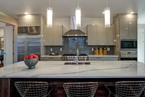 Why You Can'`t go wrong with Quartz in Your Kitchen. Modern kitchen interior with steel lattice chair