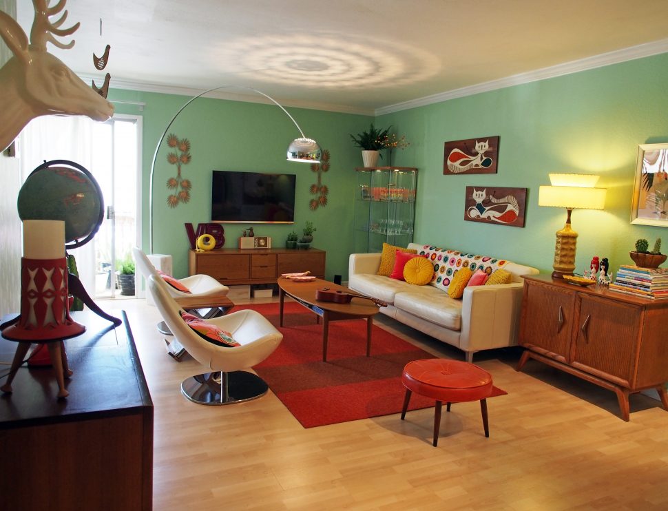 1970s Interior Design Ideas with Photo Examples. Green wallpapered walls