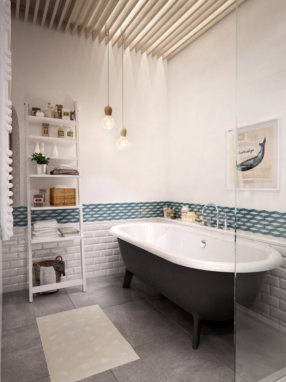 Black bathtub and the shelving for vintage bathroom