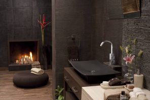 3 Interior Updates That Can Turn Your Bathroom into a 5-Star Spa. Dark modern interior with bowl sink and bent tap