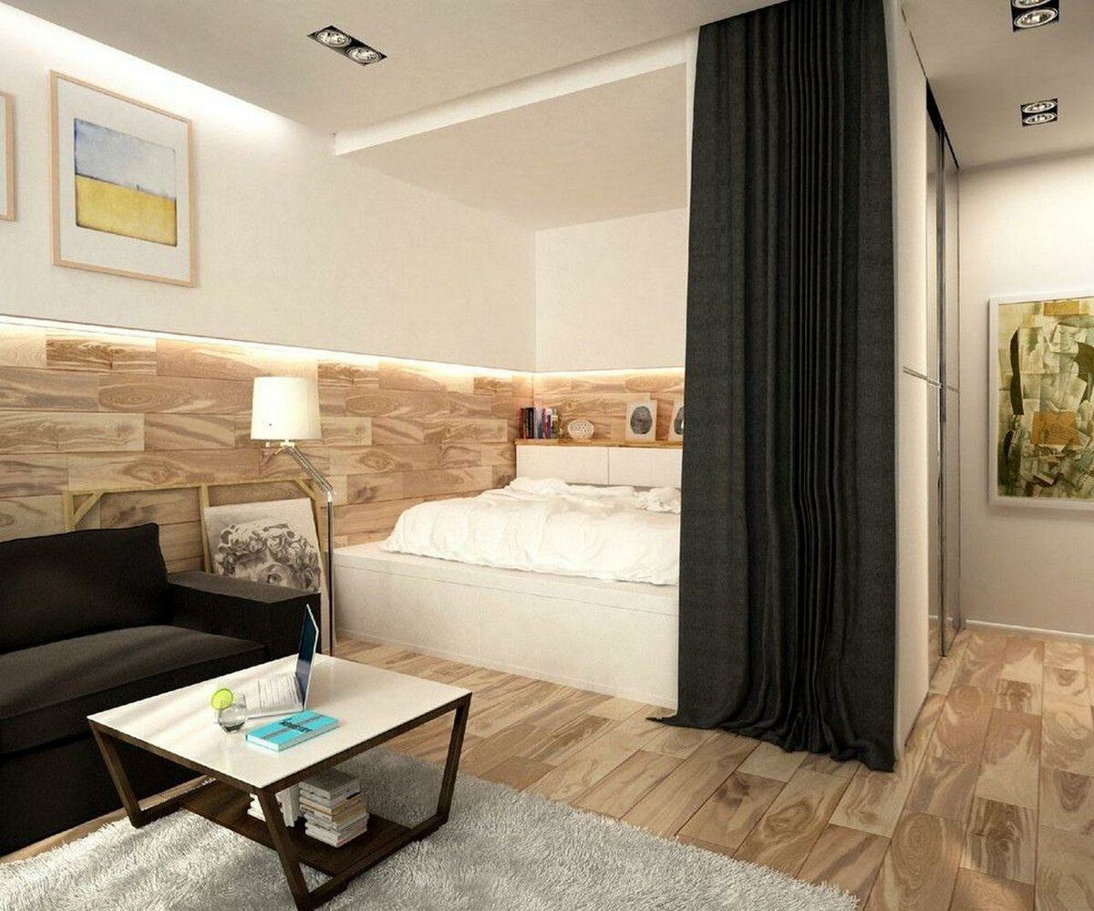 Studio Apartment Bedroom: Design Ideas and Pro Designers' Advice. Dark curtain zoned bedroom