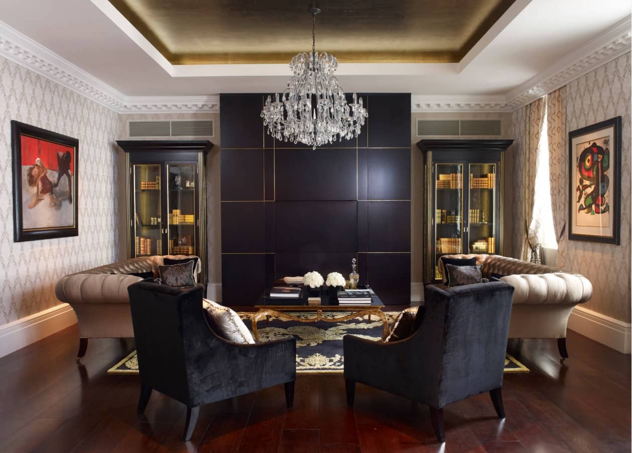 Breaking Stereotypes with Black Accent Wall Living Room Decoration. Classic room with hvac system, crystal chandelier and panels on the accent wall