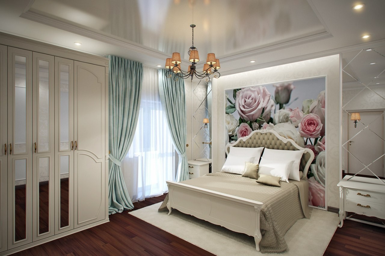 Pale aquamarine curtains and muted khaky bedding in feminine bedroom 