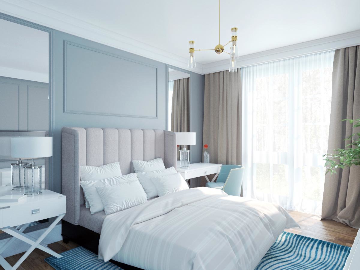 Pale lavender upholstered headboard can be combined with pastel blue colors