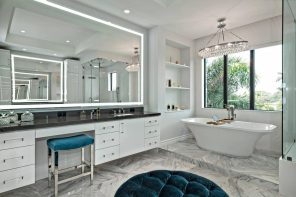 5 Enlightening Benefits of Hanging Lighted Mirrors on your Walls. Large boudoir right at the bathroom with large mirror and circular ottoman