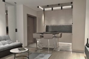 The Use of Monochromatic Interior Design to Create Stunning Interior. Successful gray colored living-dining room with LED backlight