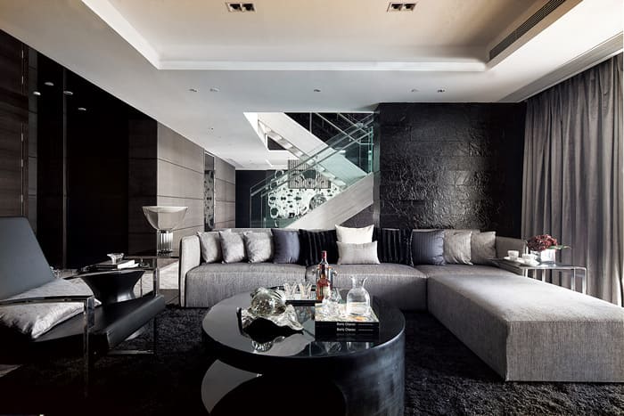 Black accents for large space mansion interior in high-tech style