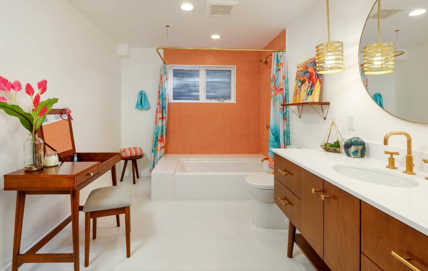 Orange back wall in the minimalistic style bathroom with simple wooden furniture and stools