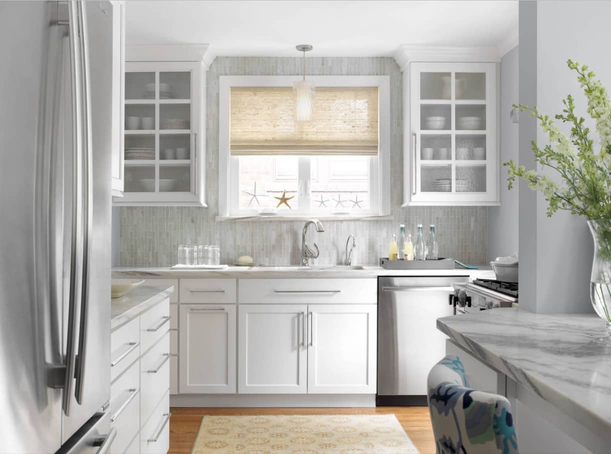 Saving Up with Window Blinds. Absolutely white successful kitchen interior with Classic style furniture and wooden floors