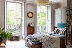 Mix of Styles for Unique Atmosphere of Transitional Master Bedroom. Large sash windows for bright though simple designed high room