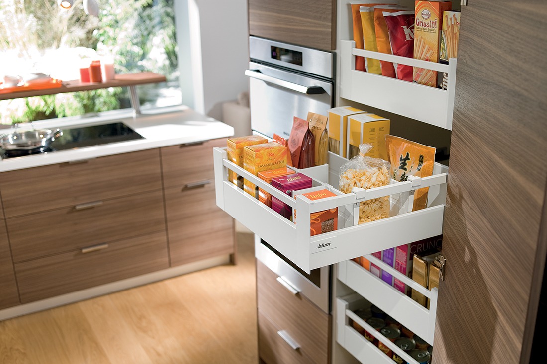 Organizing Kitchen Storage Systems and Pantry for Ultimate Comfort. Open plastic shelves for flour products