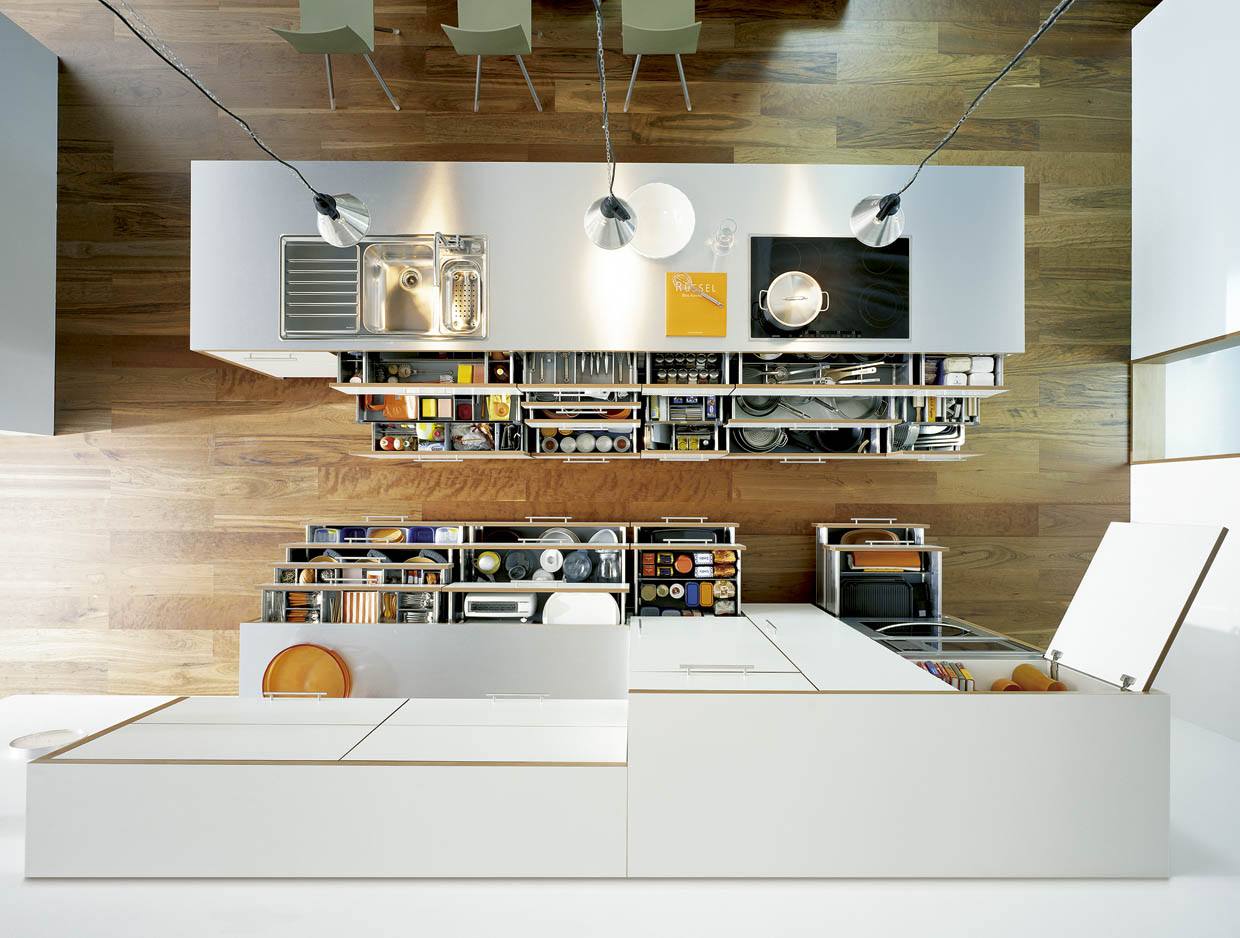 Top view of the kitchen with well organized storage systems
