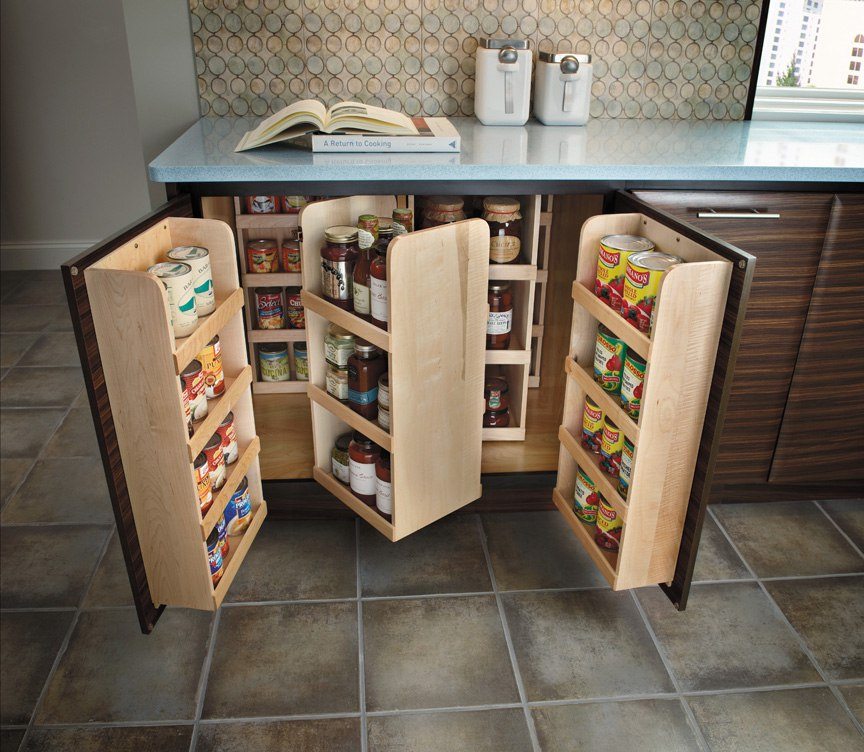 Great idea of swivel drawers with built-in shelving for multiple products