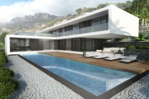 Modern Unexpected Concrete Flat Roof House Plans. Pool with the pebble pavement and the wooden deck for chaise-lounges