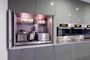 Enhance Home Interior with Stylish Appliances Without Breaking Bank. Modern designed kitchen facades in grey color with the recess for the appliances