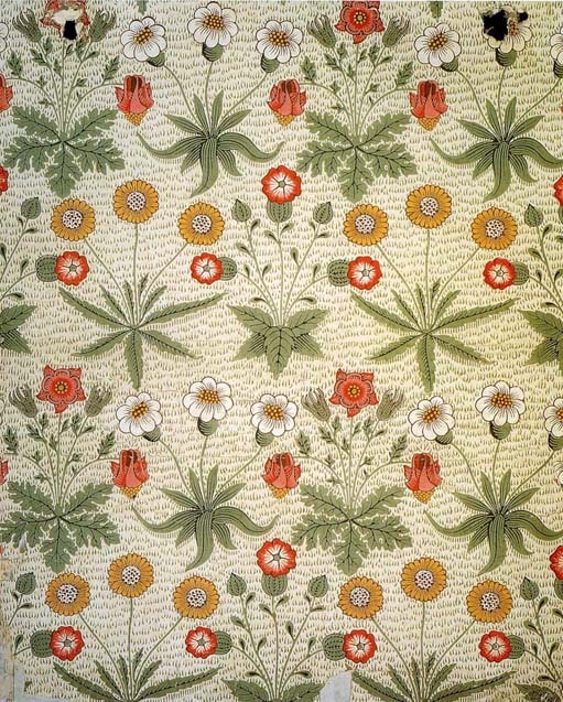 Arts and Crafts Interior Design: Origins and Perspectives of the Style. Colorful floral ornament at the white wallpaper background