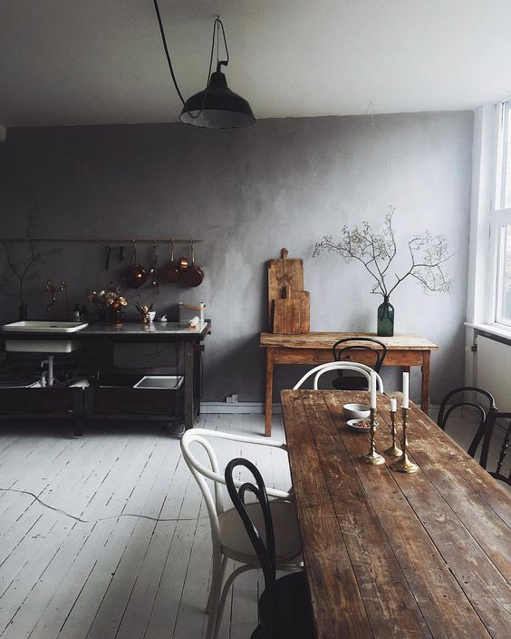 Gray walls and white ceiling for the kitchen with minimalistic wooden furniture
