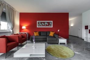 Red Living Room: Elegant & Bright Interior Design. Neat white decorated room with accent red wall with painting over the sofa