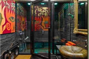 Simple DIY To Decorate Your Sweet Home. Bohemian touch of unusual dark scheme bathroom with walk-in shower, brass sink and retro items