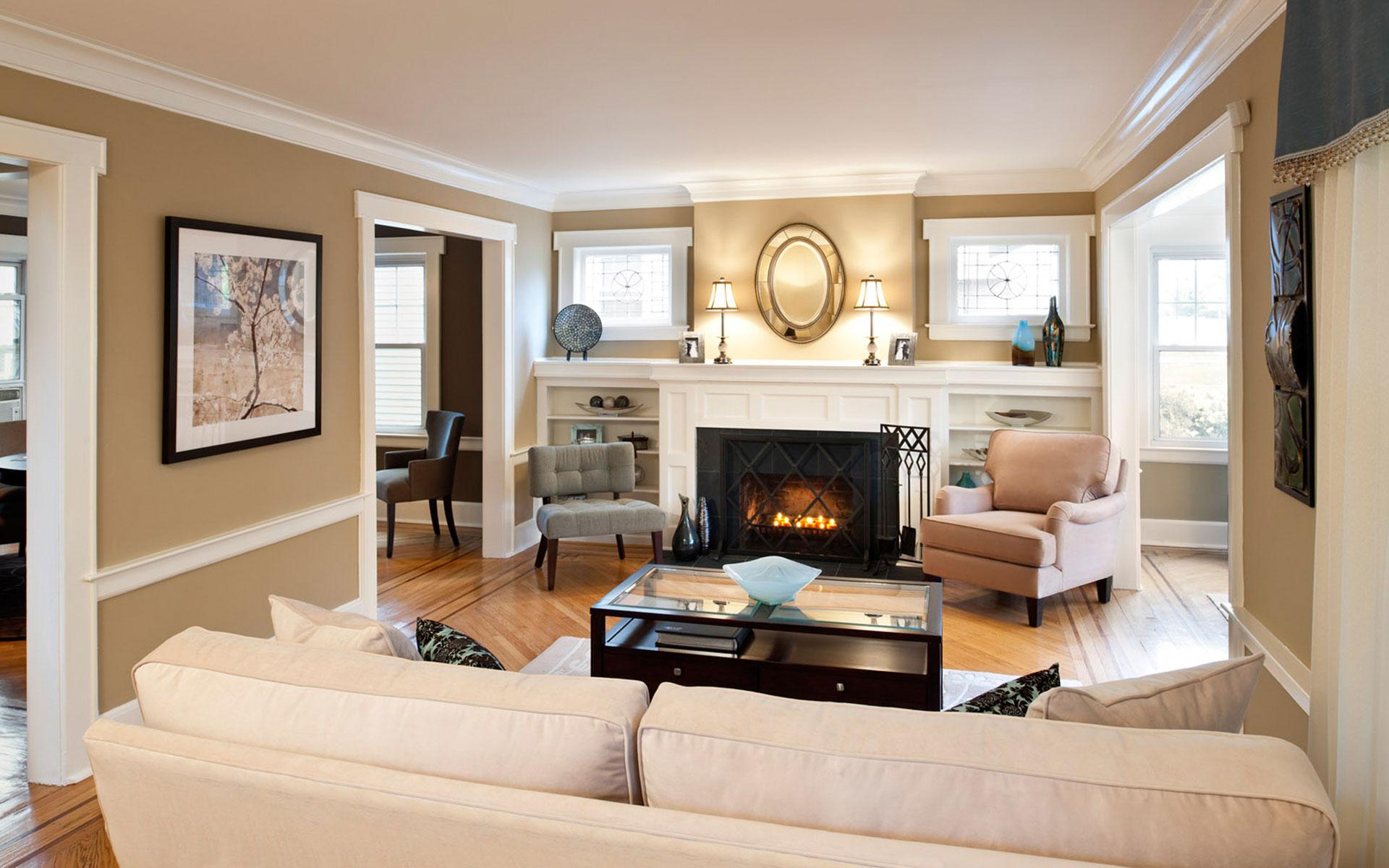 Traditional Interior Design Ideas: Lightweight Classics. Neutral beige walls and electric fireplace