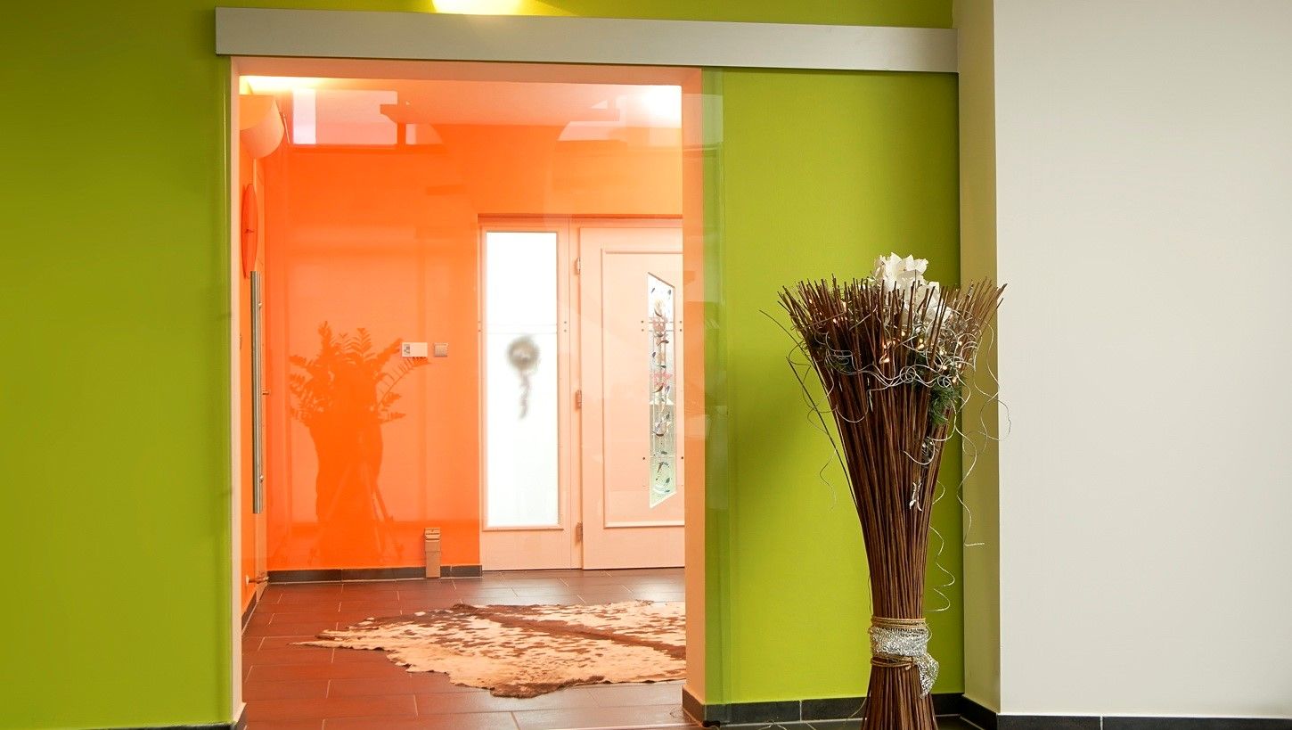 Interior Glass Doors: Best Design Ideas and Application Colorful and spacious hall